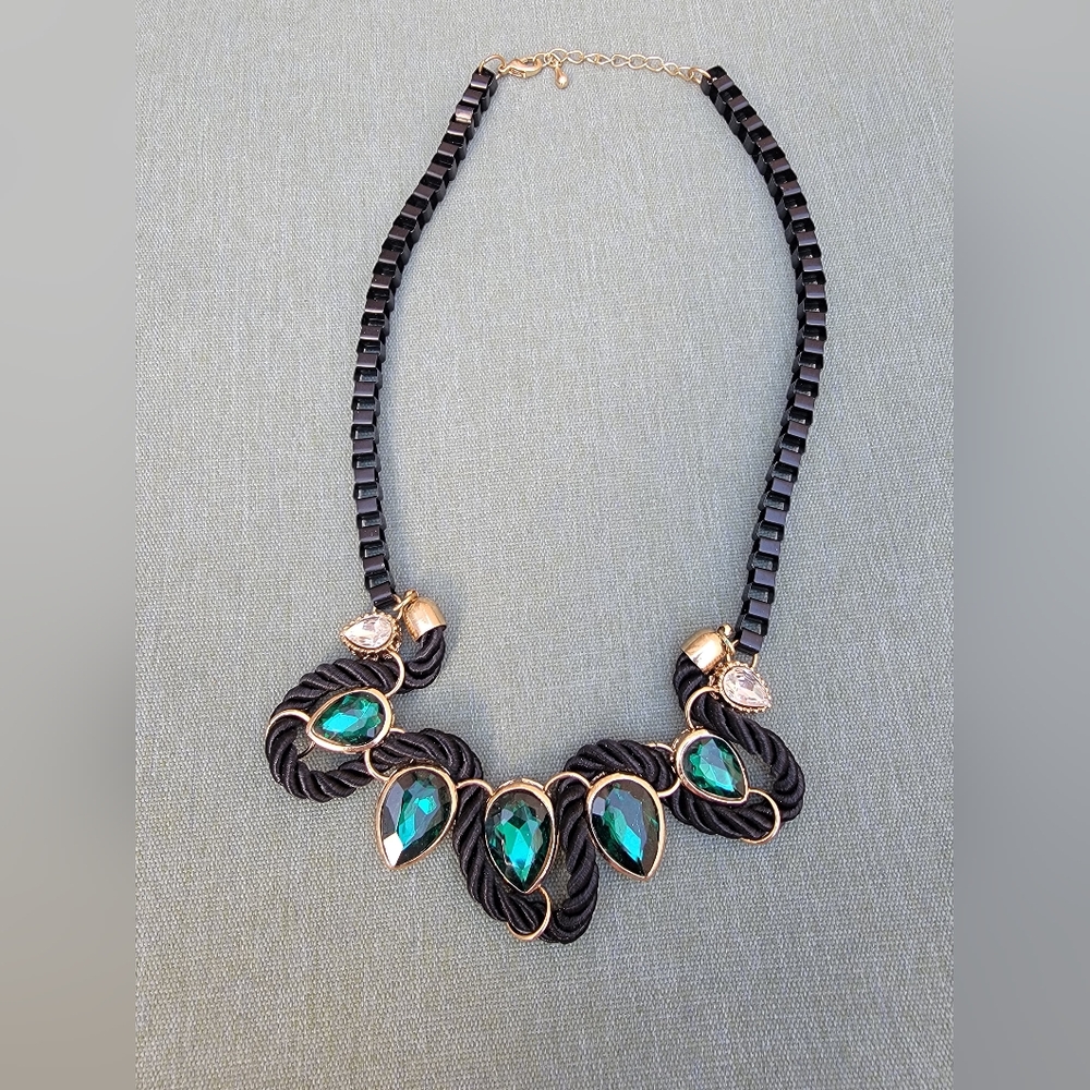 Black Chain Necklace with Statement Gold And Faux Emerald Pendant
